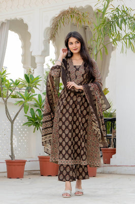 Indolady Royal Ajrakh Premium Cotton Long Kurta Pant Dupatta Set