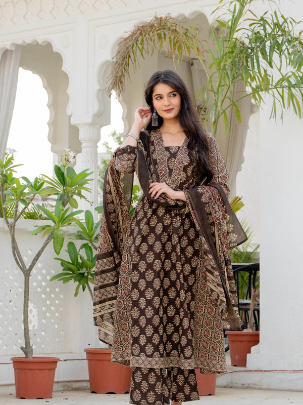 Indolady Royal Ajrakh Premium Cotton Long Kurta Pant Dupatta Set