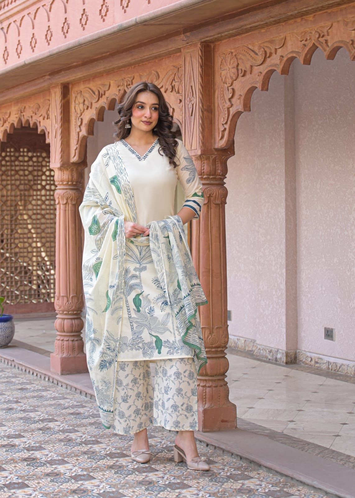 Indolady Verdant Bloom Premium Cotton Kurti Palazzo Set with Dupatta