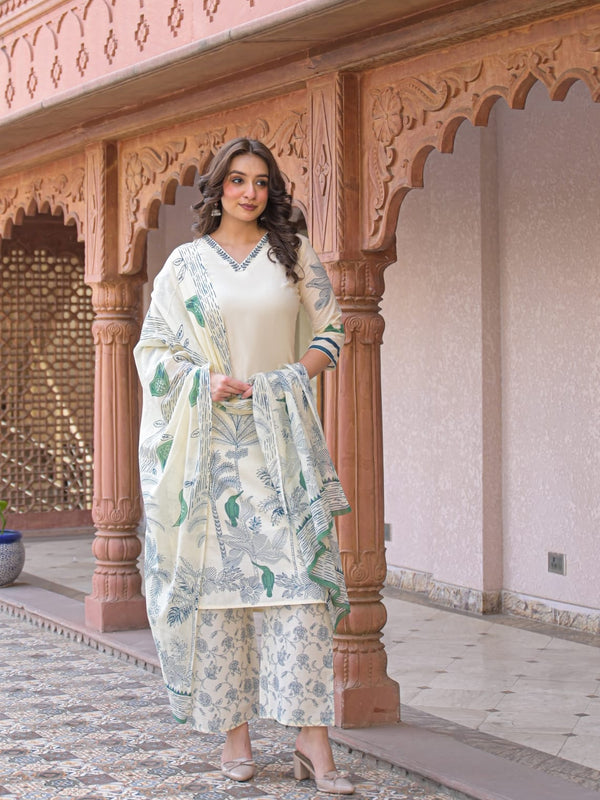 Indolady Verdant Bloom Premium Cotton Kurti Palazzo Set with Dupatta