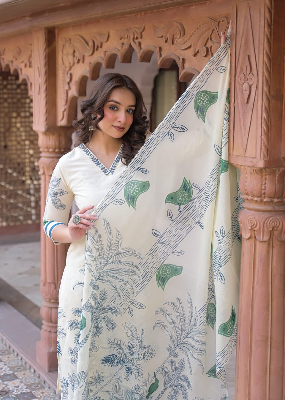 Indolady Verdant Bloom Premium Cotton Kurti Palazzo Set with Dupatta