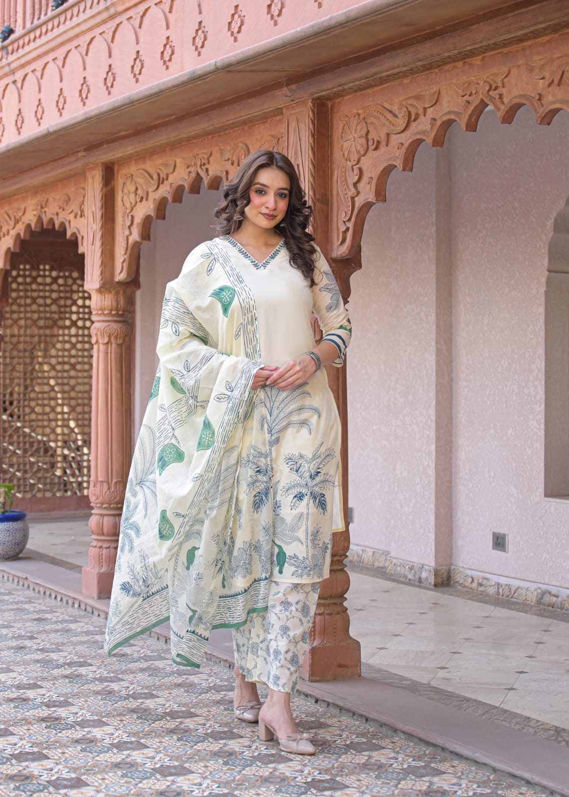 Indolady Verdant Bloom Premium Cotton Kurti Palazzo Set with Dupatta