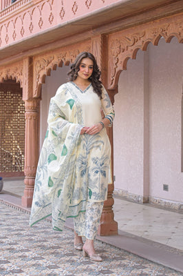 Indolady Verdant Bloom Premium Cotton Kurti Palazzo Set with Dupatta