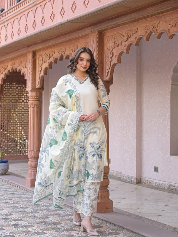 Indolady Verdant Bloom Premium Cotton Kurti Palazzo Set with Dupatta