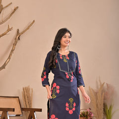 Aurelia Blue Bloom Cotton Kurti Pant Co-Ord Set