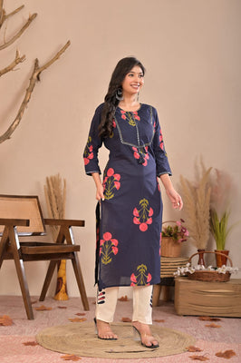 Aurelia Blue Bloom Cotton Kurti Pant Co-Ord Set