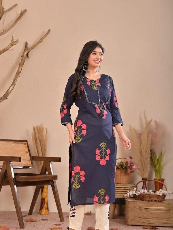 Aurelia Blue Bloom Cotton Kurti Pant Co-Ord Set