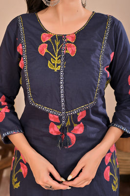 Aurelia Blue Bloom Cotton Kurti Pant Co-Ord Set