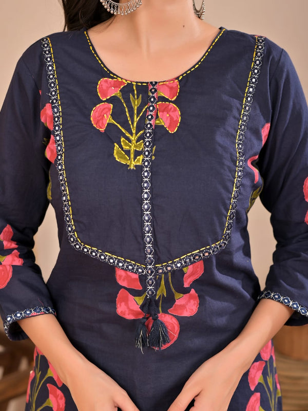 Aurelia Blue Bloom Cotton Kurti Pant Co-Ord Set