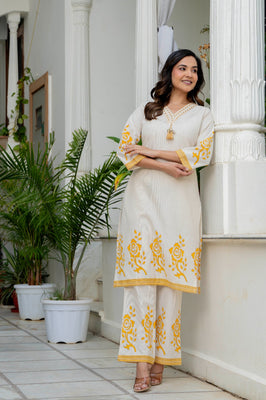 Indolady Sunehri Gulab Premium Cotton Flex Kurta Pant Set