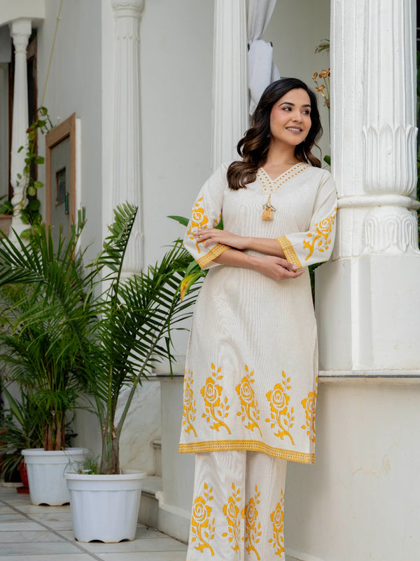 Indolady Sunehri Gulab Premium Cotton Flex Kurta Pant Set