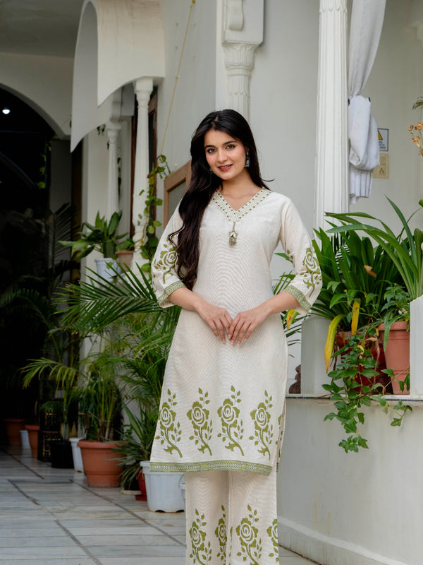 Indolady Olive Blossom Premium Cotton Flex Kurta Pant Set