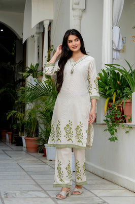 Indolady Olive Blossom Premium Cotton Flex Kurta Pant Set