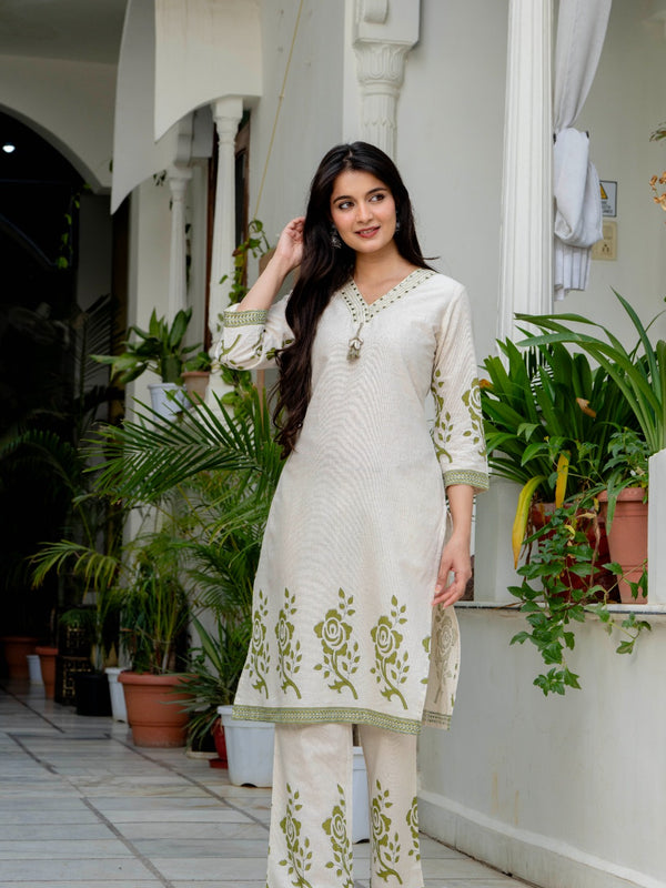 Indolady Olive Blossom Premium Cotton Flex Kurta Pant Set
