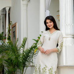 Indolady Olive Blossom Premium Cotton Flex Kurta Pant Set