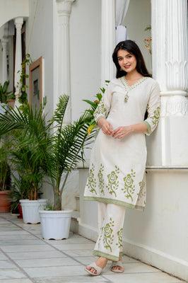 Indolady Olive Blossom Premium Cotton Flex Kurta Pant Set