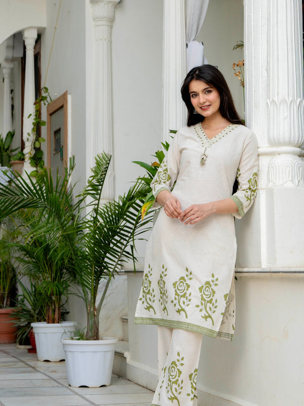 Indolady Olive Blossom Premium Cotton Flex Kurta Pant Set