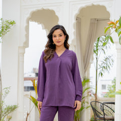 Premium Purple Poly Wrinkle Co-Ord Set for Women