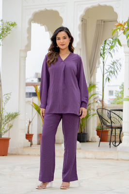Premium Purple Poly Wrinkle Co-Ord Set for Women