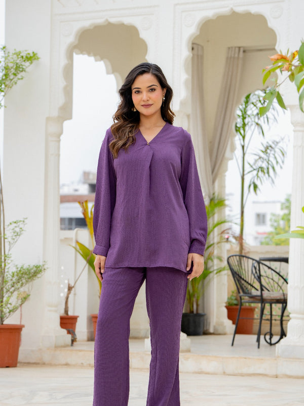 Premium Purple Poly Wrinkle Co-Ord Set for Women