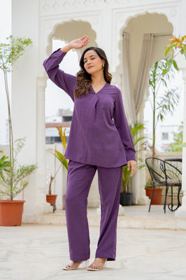 Premium Purple Poly Wrinkle Co-Ord Set for Women
