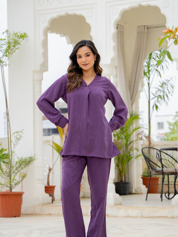 Premium Purple Poly Wrinkle Co-Ord Set for Women