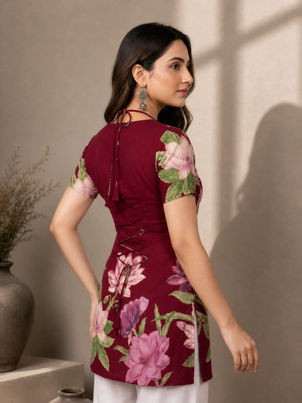 Indolady Wine Blossom Cotton Floral Printed Top