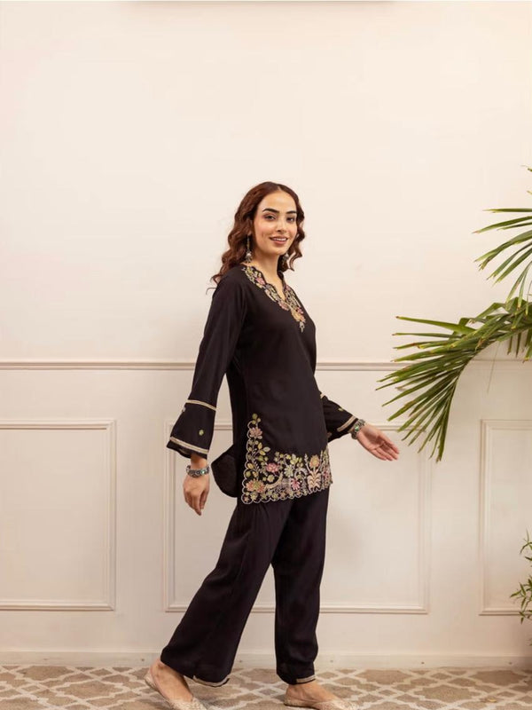Sophisticated Black Floral Cotton Co-Ord Set