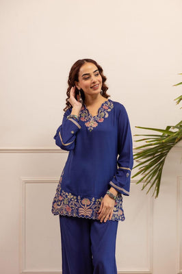 Heritage Blue Floral Embroidered Cotton Co-Ord Set