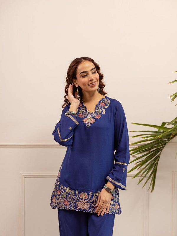 Heritage Blue Floral Embroidered Cotton Co-Ord Set