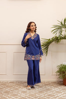 Heritage Blue Floral Embroidered Cotton Co-Ord Set