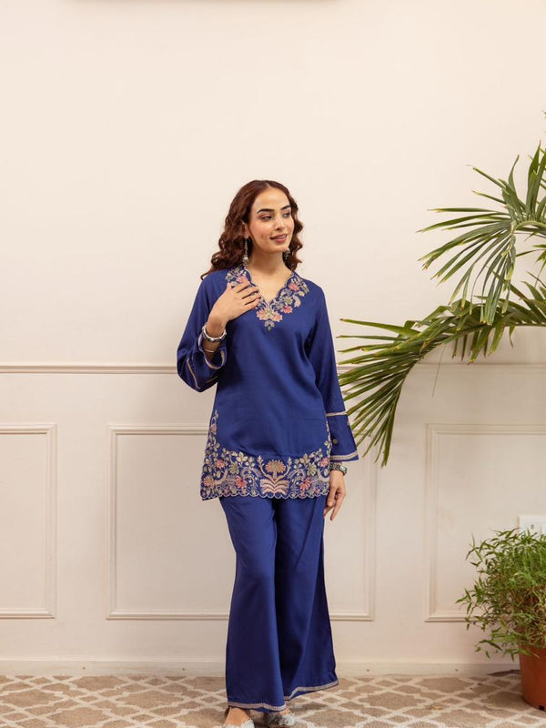 Heritage Blue Floral Embroidered Cotton Co-Ord Set