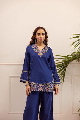Heritage Blue Floral Embroidered Cotton Co-Ord Set