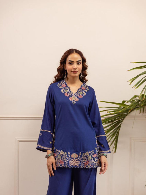 Heritage Blue Floral Embroidered Cotton Co-Ord Set