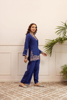 Heritage Blue Floral Embroidered Cotton Co-Ord Set