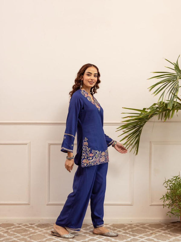 Heritage Blue Floral Embroidered Cotton Co-Ord Set