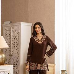 Chocolate Brown Cotton Embroidered Co-Ord Set