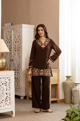 Chocolate Brown Cotton Embroidered Co-Ord Set