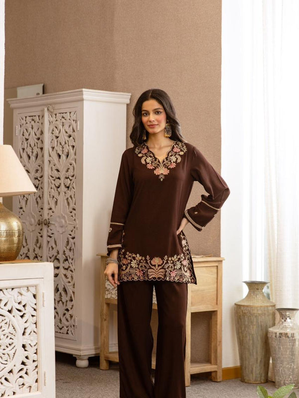 Chocolate Brown Cotton Embroidered Co-Ord Set