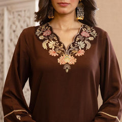 Chocolate Brown Cotton Embroidered Co-Ord Set
