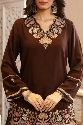 Chocolate Brown Cotton Embroidered Co-Ord Set