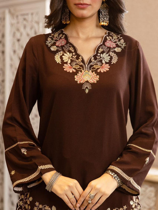 Chocolate Brown Cotton Embroidered Co-Ord Set