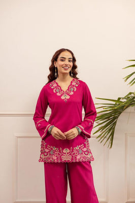 Fuchsia Pink Cotton Embroidered Co-Ord Set