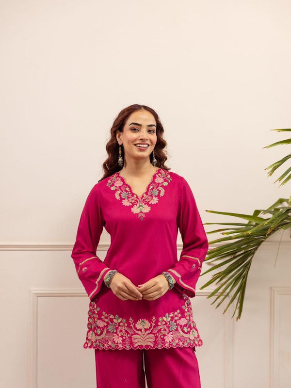 Fuchsia Pink Cotton Embroidered Co-Ord Set