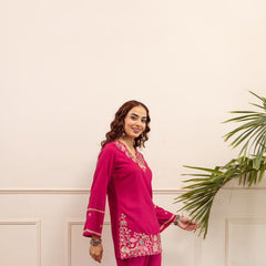 Fuchsia Pink Cotton Embroidered Co-Ord Set