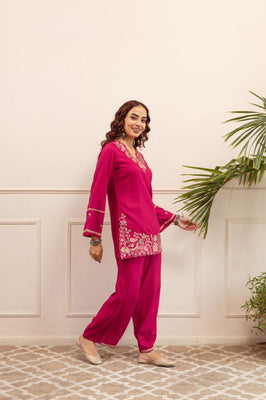 Fuchsia Pink Cotton Embroidered Co-Ord Set