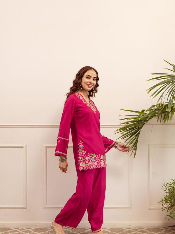 Fuchsia Pink Cotton Embroidered Co-Ord Set