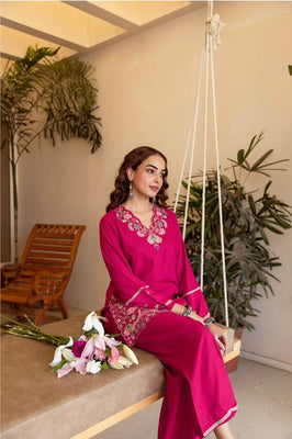 Fuchsia Pink Cotton Embroidered Co-Ord Set