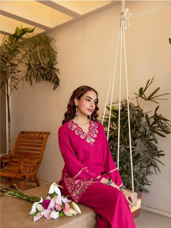 Fuchsia Pink Cotton Embroidered Co-Ord Set