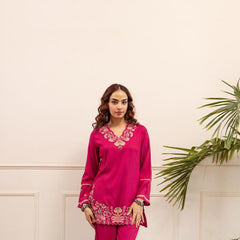 Fuchsia Pink Cotton Embroidered Co-Ord Set